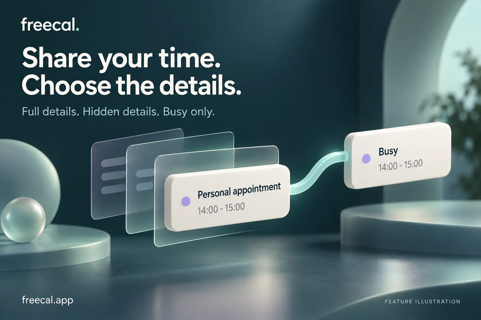 Illustration of calendar pages sharing time while keeping personal details behind a screen.